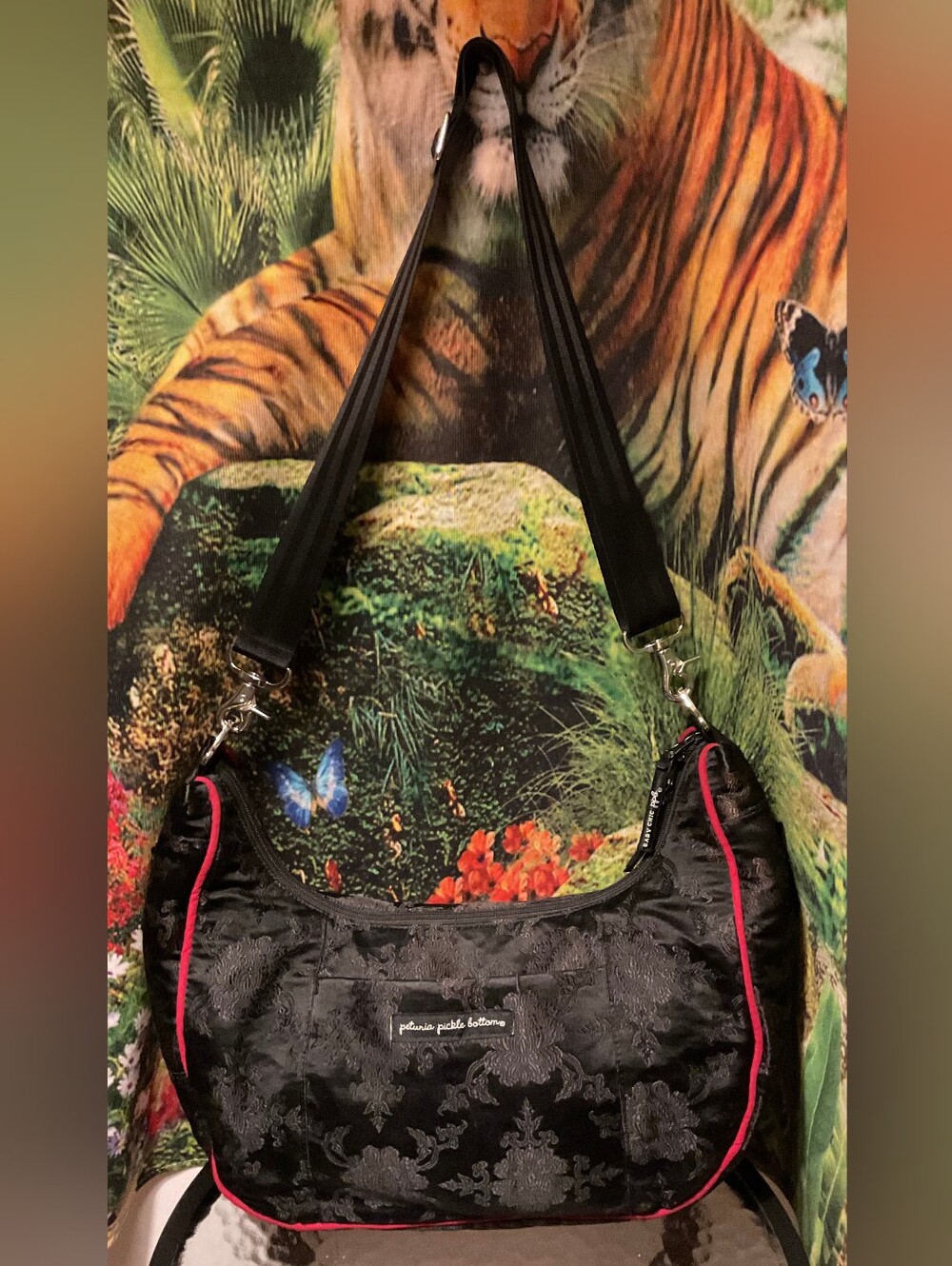 Petunia Pickle Bottom Black Shoulder Bag with Red Piping